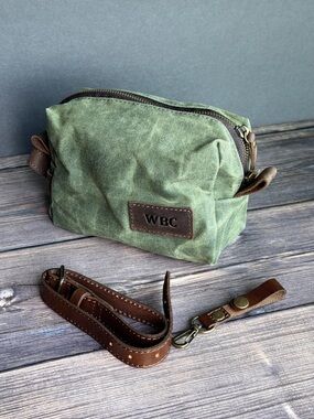 Green waxed Canvas Travel Dopp Kit Bag with Brown Leather Accents